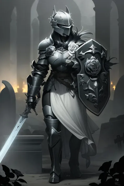 beautiful, (masterpiece:1.2), (best quality:1.2), detailed illustration, (dark lighting, night, night time, dramatic lighting), 1girl, knightess, (black:1.2) armor, (white:1.2) tabard, fantasy, helmet, sword, shield, (detailed background, graveyard, black roses)