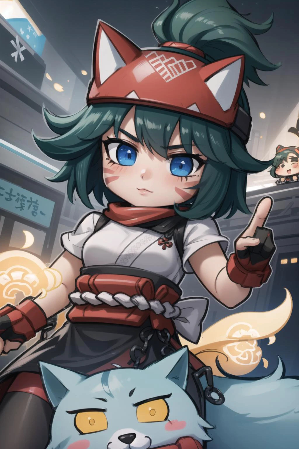 best quality, intricate details,
<lora:kirikoOverwatch_v20:0.8> tag:1girl,facial mark,fox,
<lora:jazzJackStyle_jazzJackStyle:0.8> chibi,