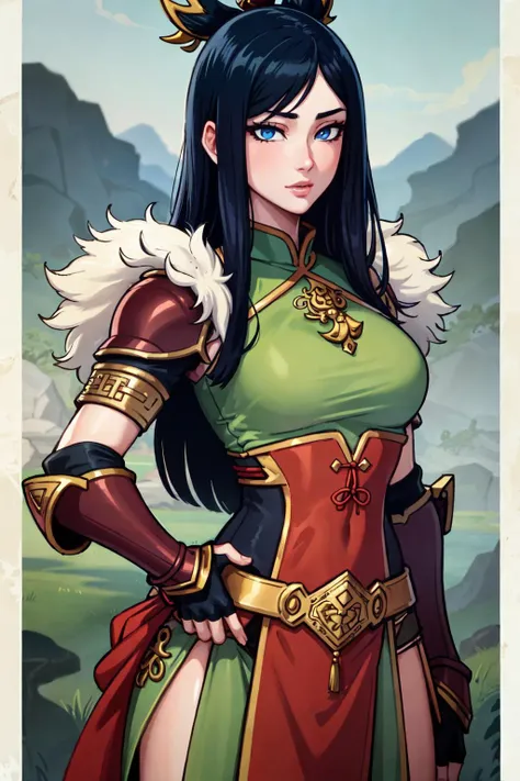 (masterpiece:1.2), (best quality:1.2), perfect eyes, perfect face, volumetric lighting, 1girl, mature female, war_glam armor, wearing fanbingbing fashion, armored dress, eastern atmosphere, asian, armor, feathered pauldron, fur, long black hair, blue eyes, jewelry, gold, green clothes, high collar, fingerless gloves, fantasty, detailed chinese landscape <lora:artisticEasternFantasy_v10:0.7>