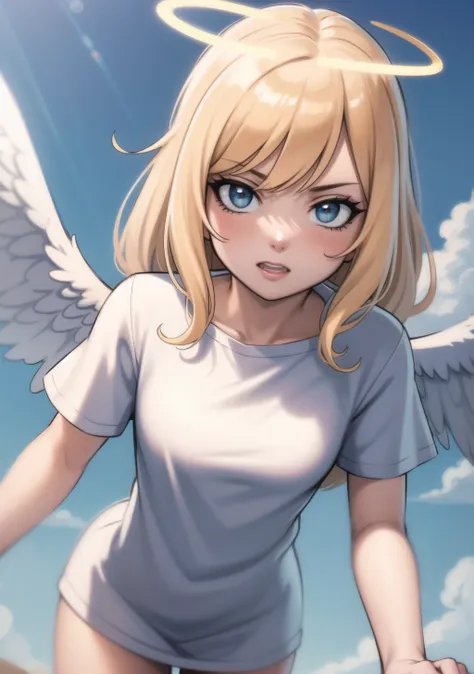 beautiful, (masterpiece:1.2), (best quality:1.2), perfect eyes, perfect face, perfect lighting, shy, innocent, (rosy skin:1.1), (angel:1.1), in sky, top view, 1girl, young, small breasts, white wings, halo, (clear oversize white t-shirt:1.1), paradise, clouds, delicate eyes, girl focus, detailed background, dynamic angle, detailed light, dynamic pose, (epic:0.8), sharp focus, highly detailed, <lora:oversizedShirt_v10:1>