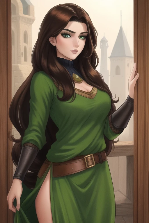 brown hair, green eyes, masterpiece, best quality, beautiful, stunning, [[black eye shadow, makeup]], long hair, medieval fantasy