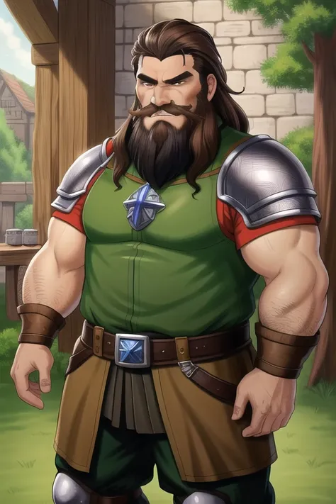 brown hair, green eyes, masterpiece, best quality, beautiful, stunning, dwarf man, armor, tavern, medieval fantasy, man, long beard, (dwarf)