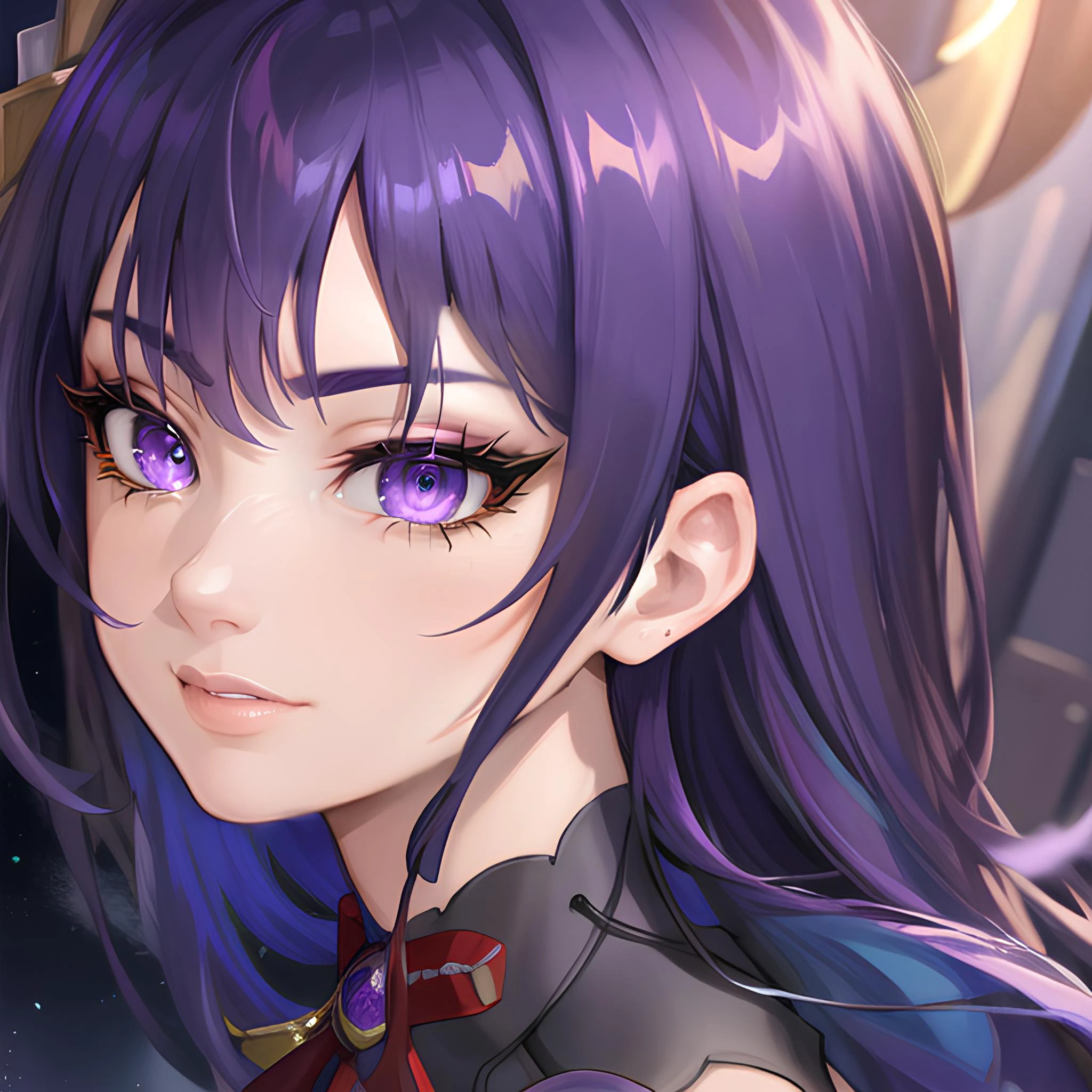 purple hair, , detailed face, Best quality, masterpiece, cinematic lighting, raiden \(genshin impact\) <lora:raidenShogunLora_raidenShogun:1> ,Beautiful , long eye lashes, thick eye lashes