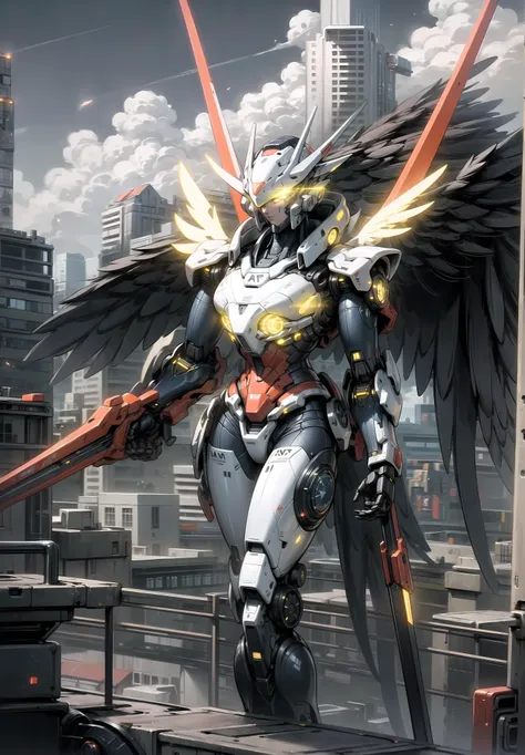 <lora:Mecha:1>sky, cloud, holding_weapon, no_humans, glowing, , robot, building, glowing_eyes, mecha, science_fiction, city, realistic, mecha, red parts, yellow parts, mecha wings, robot wings,