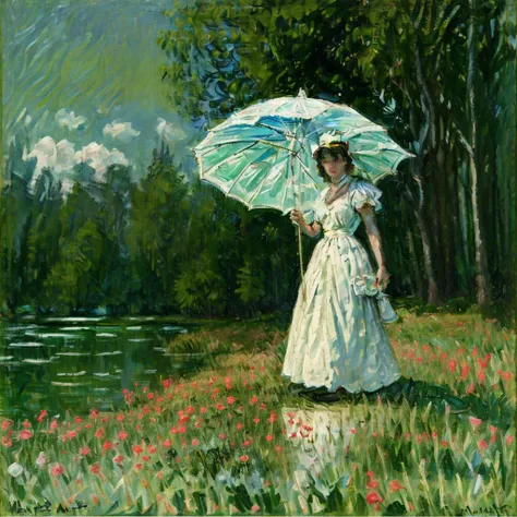 <lora:Monet V1:0.7> Monet V1,  woman in a long dress carrying a parasol