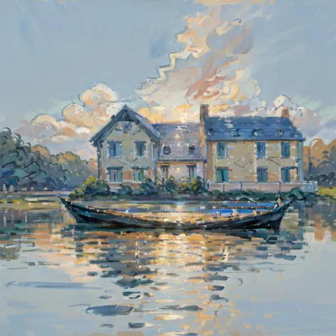 AnchemixMonet, outdoors, scene, scenery, sky, cloud, water, river, wood, house, boat