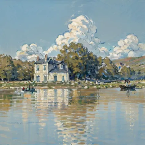 AnchemixMonet, outdoors, scene, scenery, sky, cloud, water, river, wood, house, boat