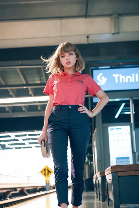 taylorswift, a woman wearing polo shirt and chino pants, train station, (flash photography:0.5), lipstick  <lora:taylorswift:1>