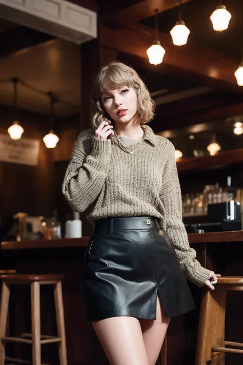 taylorswift, a woman wearing knit sweater and skirt, café, (overcast lighting:0.5), lipstick <lora:taylorswift:1>