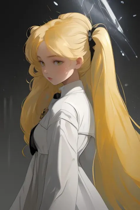 (masterpiece, Best Quality:1.3), (Ultra-detailed:1.3), 1girl in, Solo, (White hair, hair messy, Long hair), (Angel wings, Angel Halo), flat chest, Yellow eyes, (White shirt, black necktie, Black coat, Open coat), Cowboy Shot, Cinematic lighting, (((Glowing particles of light))), (arms behind back), Dynamic Angle, (((Petite girl with blonde twin tails))),
<lora:OH4_V7:1>