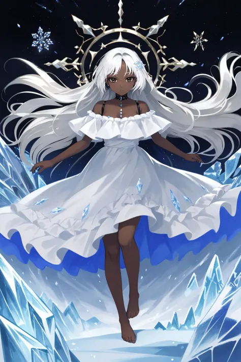beautiful detailed glow,Floating ice crystals,((masterpiece)), (((best quality))), ((ultra-detailed)), ((illustration)),soloï¼girlï¼Dark skinï¼black eyesï¼white hairï¼disheveled hairï¼Loose hairï¼White glossy loose long hairï¼White off shoulder dressï¼barefootï¼