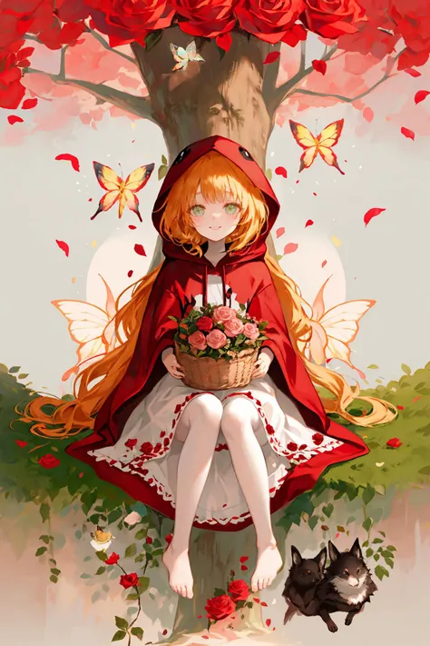 little red riding hood \(grimm\), flower, blonde hair,floating hair,light eyes, butterfly, rose, rabbit, bug, pink rose, bird, long hair, sitting, french text, hood, english text, basket, wolf, multiple girls, tree, 1girl, smile, dress, food, pink flower, white stockings bare feet
/////////// <lora:OH4_V7:1>, <lora:ç»ä¸½çå
å½±:0.2>,<lora:add_detail:0.35>, <lora:adaptedmodel:0.35>