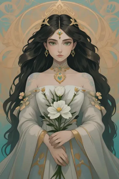 1girl, solo, modern art, abstract, Alphonse Mucha, oil painting, vibrant colors, flowing lines, asymmetrical composition, geometric shapes, gold accents, tall and slender, brunette hair, long flowing locks, loose waves, floral hairpin, mesmerizing emerald green eyes, almond-shaped eyes, serene expression, modest bust size, flowing gown, intricate patterns, reminiscent of Art Nouveau, swirling background, celestial motifs, moonlit night, ethereal glow, gentle brush strokes, 
<lora:OH4_V7:1>