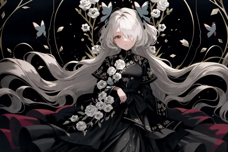Maximalism artstyle,neon theme,ð,suprematism,beautiful detailed flower,hyper detailed,flower,hyper quality,flower and hair is same color,beautifuly color,face,her hair is becoming flower, flower,hair,flower,butterfly,,1girlkawaii,,high details, high quality,back light,hair and clothes is flower,upper body ,high quality,hair with body ,webbed dress, upper body, flower leg, flower hands,body with flower,    flower with clothes , dress with flower, , light particles,black background,  Hair with flower,small breast with flower,floating hair with flower,floating1girl,small breast,  marbling with hair and clothes, looking at viewer,original,arm down, paper cutting, black background, flower forground,  hair with flower,highres, hair with  flower,hair with flower ,hair,  wavy hair ,diffusion lighting, abstract,Butterfly with  body,   flower with hair, her hair is flower,big top sleeves, floating, [[hair over one eye]],dark