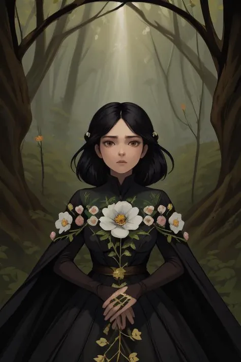 (best quality, masterpiece), (1girl, solo, brown eyes, black hair, short curved bob, small breasts),wariza, (enchanting forest mage dressed in a gown made of intertwining vines and blooming flowers), (despair:1.3), (limited pallete),(perfect composition),(heavy Monochrome:0.9),
<lora:OH4_V7:1>