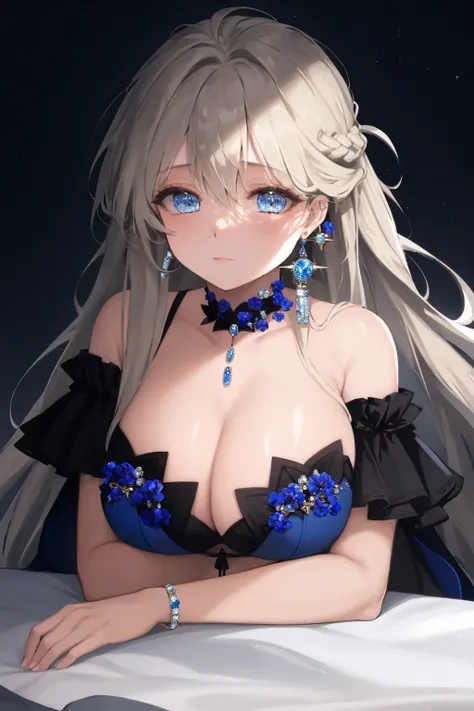 1girl, solo, jewelry, blue eyes, long hair, breasts, earrings, looking at viewer, bangs, hair between eyes, cleavage, bare shoulders, head rest, eyelashes, gem, closed mouth, upper body <lora:OH4V7-000175:1>