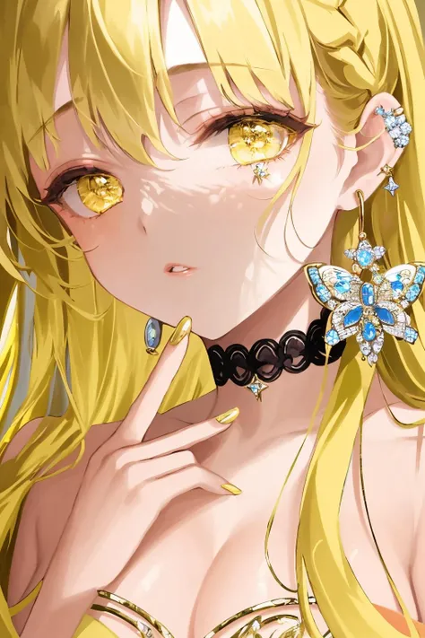 1girl, yellow eyes, solo, blonde hair, jewelry, earrings, yellow theme, yellow nails, long hair, parted lips, bangs, looking at viewer, hair between eyes, sparkle, bug, butterfly, eyelashes, star \(symbol\), bare shoulders, hand up, gem