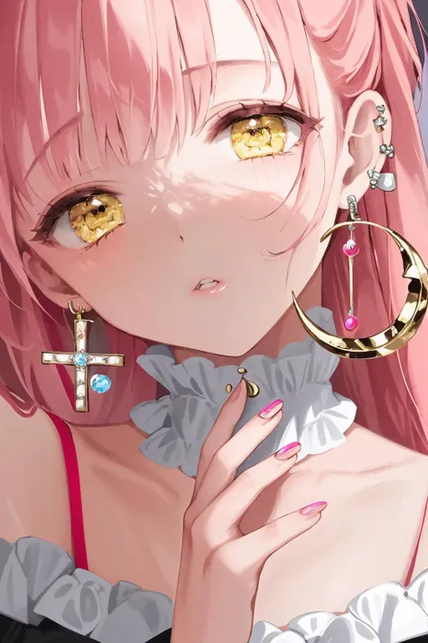 1girl, solo, jewelry, earrings, pink hair, yellow eyes, looking at viewer, bangs, parted lips, long hair, pink nails, bow, portrait, ribbon, nail polish, cross, crescent, neck ribbon