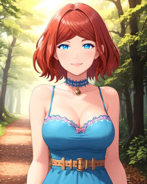 upper body, short hair, red hair, blue eyes, blue dress, breasts, smile, forest, path, cobblestone path, <lora:Tekuho:0.6>