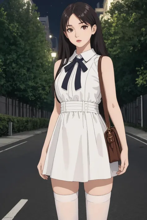 (masterpiece:1.2), best quality, high resolution, unity 8k wallpaper, (illustration:1.0), beautiful detailed eyes:, extremely detailed face, perfect lighting,photo_\(medium\), photorealistic, realistic,
1girl, solo, handbag, thighhighs, dress, bag, white dress, black hair, outdoors, tree, white thighhighs, night, looking at viewer, road, long hair, holding, sleeveless, standing, realistic, sleeveless dress, brown eyes