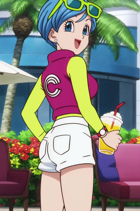 source_anime, score_9, score_8_up, score_7_up, anime screencap,8k, absurd res,
bulma, 1girl, solo, smile, short hair, open mouth, blue eyes, jewelry, blue hair, flower, :d, earrings, shorts, tree, cup, sunglasses, eyewear on head, white shorts, palm tree, two tone jacket, yellow sleeves, purple jacket, print jacket, from behind, looking back at another, official style,
<lora:bulma_pony_v2:0.8>