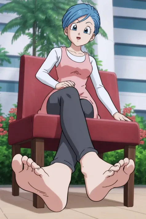 source_anime, score_9, score_8_up, score_7_up, anime screencap,8k, absurd res,
bulma, 1girl, solo, short hair, blue hair, official style,
long sleeves, pink dress, white undershirt, black tights, barefoot, soles,
from below, foot focus, sitting on a chair, flower, building, outdoors, crossed legs,
<lora:bulma_super_pony_v1:0.8>