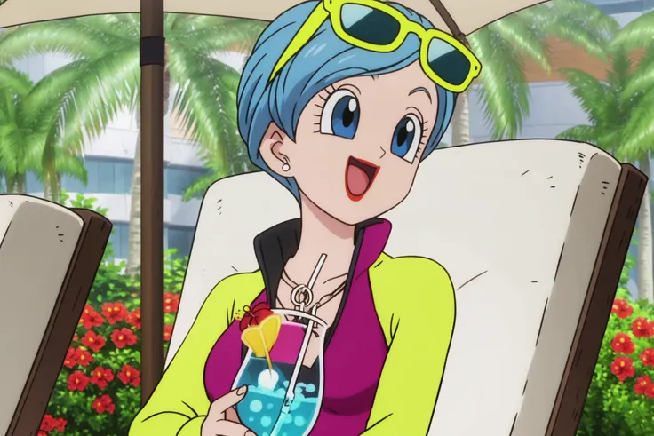 source_anime, score_9, score_8_up, score_7_up, anime screencap,8k, absurd res, 
bulma, 1girl, solo, smile, short hair, open mouth, blue eyes, holding, jewelry, blue hair, jacket, upper body, flower, :d, earrings, outdoors, day, tree, cup, eyelashes, makeup, chair, happy, sunglasses, lipstick, red flower, eyewear on head, drinking glass, drinking straw, drink, palm tree, hibiscus, multicolored jacket, tropical drink, purple jacket, yellow sleeves, black bra, partially unzipped, necklace, looking at another, coconut
 <lora:bulma_super_pony_v1:0.8>