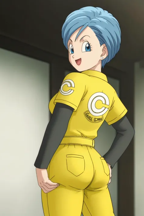 source_anime, score_9, score_8_up, score_7_up, anime screencap,8k, absurd res, 
bulma, 1girl, solo, breasts, smile, short hair, open mouth, blue eyes, jewelry, blue hair, earrings, cowboy shot, belt, hand on own ass, looking at ass, yellow jumpsuit, black undershirt, short over long sleeves, layered sleeves
 <lora:bulma_super_pony_v1:0.8>