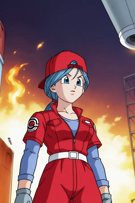 source_anime, score_9, score_8_up, score_7_up, anime screencap,8k, absurd res, 
bulma, future, blue hair, ponytail, low ponytail,  blue eyes, 
collarbone, belt, cowboy shot, baseball cap, red headwear, grey gloves, blue shirt, long sleeves, partially unzipped, ((red jumpsuit)), backwards hat, 
ruined city, destroyed, fire, looking at another, dark sky, red theme,  floating hair,  destruction, building,  standing, from below, outdoors, 
 <lora:bulma_pony_v2:0.8>