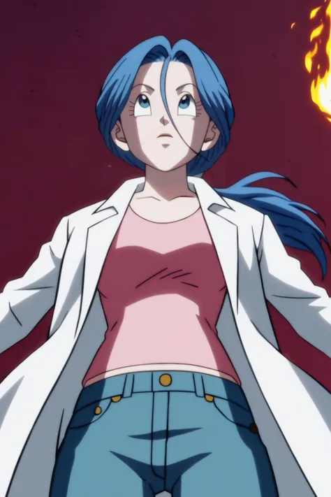 source_anime, score_9, score_8_up, score_7_up, anime screencap,8k, absurd res,
bulma, future, blue hair, ponytail, low ponytail, blue eyes,
lab coat, pink shirt, jeans,
ruined city, destroyed, fire, looking up, dark sky, red theme, floating hair,
<lora:bulma_pony_v2:0.8>