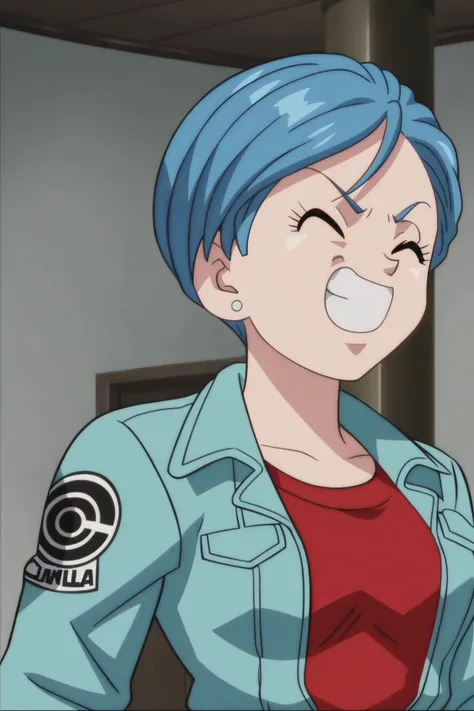 source_anime, score_9, score_8_up, score_7_up, anime screencap,8k, absurd res, 
bulma, 1girl, solo, smile, short hair, jewelry, blue hair, closed eyes, earrings, grin, tree, ^ ^, ((blue jumpsuit)), clenched teeth, print sleeves, red shirt
 <lora:bulma_pony_v2:0.8>