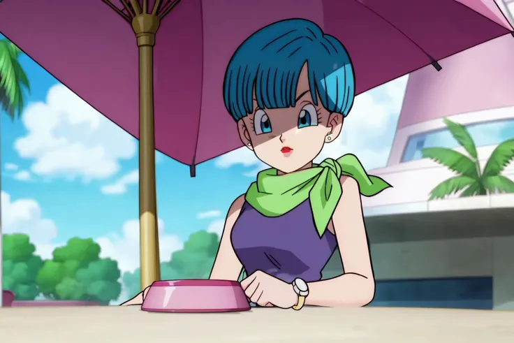 source_anime, score_9, score_8_up, score_7_up, anime screencap,8k, absurd res, 
bulma, 1girl, solo, looking at viewer, short hair, ((((bowl cut)))), blue eyes, jewelry, blue hair, earrings, outdoors, sky, sleeveless, day, cloud, scarf, :o, bracelet, tree, blue sky, neckerchief, green neckwear, eyelashes, makeup, sleeveless dress, umbrella, cloudy sky, lipstick, purple dress, watch, palm tree, wristwatch, green scarf, arm by side, clenched hand
 <lora:bulma_pony_v2:0.8>