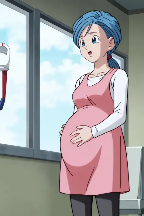 source_anime, score_9, score_8_up, score_7_up, anime screencap,8k, absurd res,
bulma, future, 1girl, open mouth, blue eyes, long sleeves, pink dress, white undershirt, standing, window, blue hair, sky, day, cloud, :o, pregnant, black tights, white footwear, shoes, no socks, ponytail, , low ponytail,
<lora:bulma_pony_v2:0.8>