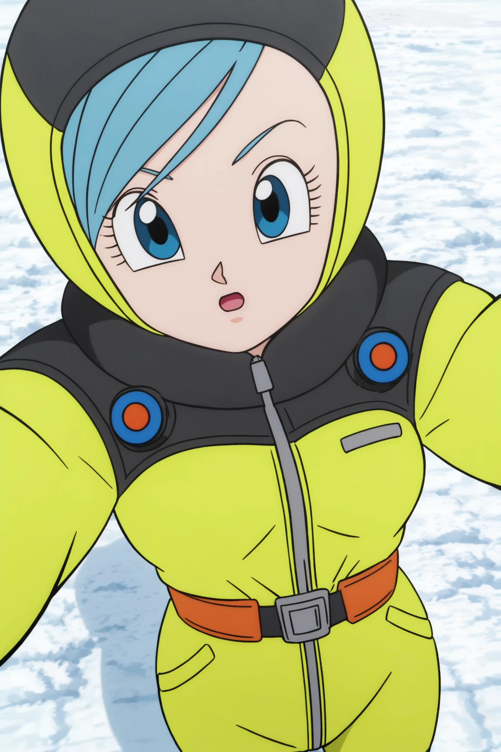 source_anime, score_9, score_8_up, score_7_up, anime screencap,8k, absurd res,
bulma, 1girl, solo, looking at viewer, short hair, open mouth, blue eyes, hood, blue hair, :o, yellow bodysuit, two tone bodysuit, snow, yellow spacesuit, selfie, from above,
<lora:bulma_super_pony_v1:0.8>