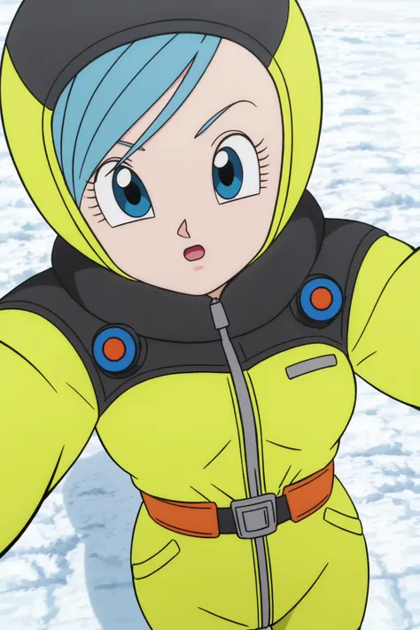 source_anime, score_9, score_8_up, score_7_up, anime screencap,8k, absurd res, 
bulma, 1girl, solo, looking at viewer, short hair, open mouth, blue eyes, hood, blue hair, :o, yellow bodysuit, two tone bodysuit, snow, yellow spacesuit, selfie, from above, 
 <lora:bulma_super_pony_v1:0.8>