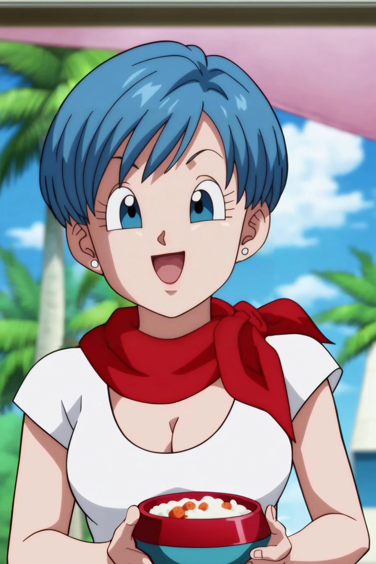 source_anime, score_9, score_8_up, score_7_up, anime screencap,8k, absurd res,
bulma, 1girl, solo, breasts, smile, short hair, bowl cut, open mouth, blue eyes, cleavage, jewelry, medium breasts, blue hair, white shirt, upper body, :d, earrings, outdoors, sky, day, cloud, blurry, tree, blue sky, red neckerchief, palm tree, official style, anime coloring, portrait,
<lora:bulma_pony_v2:0.8>