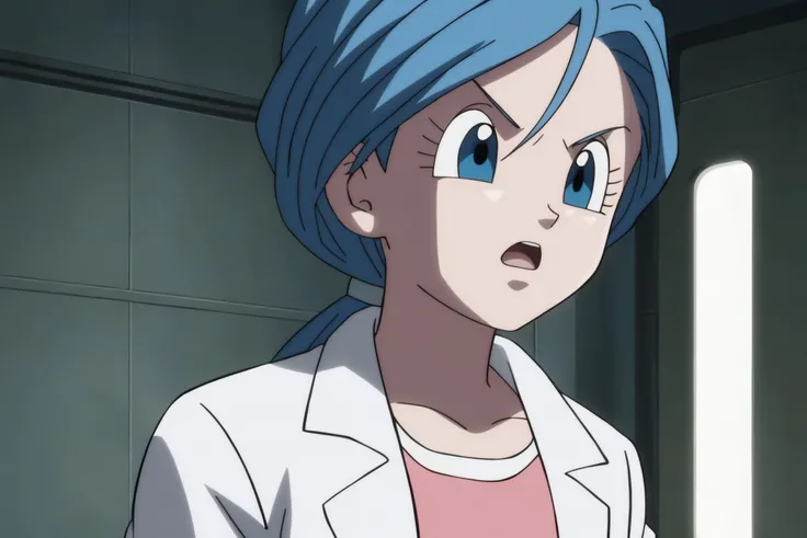 source_anime, score_9, score_8_up, score_7_up, anime screencap,8k, absurd res, 
bulma, future, 1girl, solo, open mouth, blue eyes, shirt, blue hair, pink shirt, blue theme, labcoat, anime coloring, arms at sides, ponytail, hair between eyes, v-shaped eyebrows, upper body
 <lora:bulma_pony_v2:0.8>