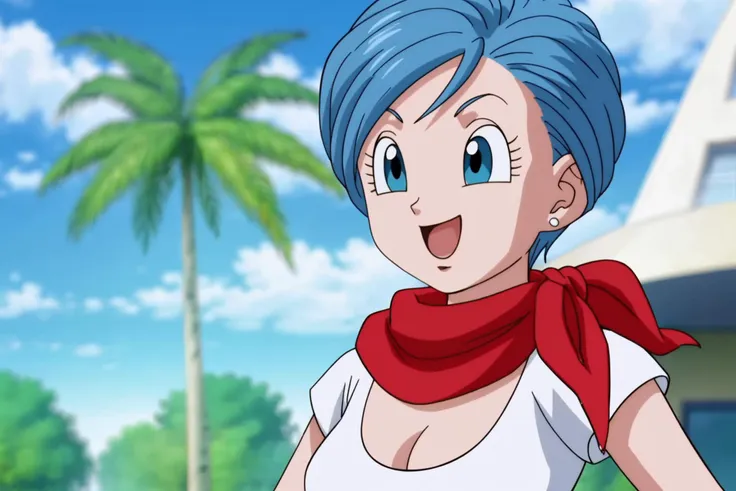 source_anime, score_9, score_8_up, score_7_up, anime screencap,8k, absurd res, 
bulma, 1girl, solo, breasts, smile, short hair, open mouth, blue eyes, cleavage, jewelry, medium breasts, blue hair, white shirt, upper body, :d, earrings, outdoors, sky, day, cloud, blurry, tree, blue sky, red neckerchief, palm tree, official style, anime coloring, portrait,
 <lora:bulma_super_pony_v1:0.8>