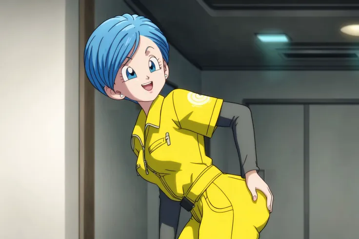 source_anime, score_9, score_8_up, score_7_up, anime screencap,8k, absurd res, 
bulma, 1girl, solo, breasts, smile, short hair, open mouth, blue eyes, jewelry, blue hair, earrings, cowboy shot, belt, hand on own ass, looking at ass, yellow jumpsuit, black undershirt, short over long sleeves, layered sleeves
 <lora:bulma_pony_v2:0.8>