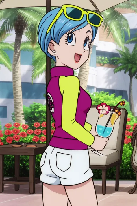 source_anime, score_9, score_8_up, score_7_up, anime screencap,8k, absurd res,
bulma, 1girl, solo, smile, short hair, open mouth, blue eyes, jewelry, blue hair, flower, :d, earrings, shorts, tree, cup, sunglasses, eyewear on head, white shorts, palm tree, two tone jacket, yellow sleeves, purple jacket, print jacket, from behind, looking back at another, official style,
<lora:bulma_super_pony_v1:0.8>