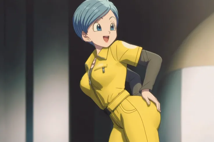 source_anime, score_9, score_8_up, score_7_up, anime screencap,8k, absurd res, 
bulma, 1girl, solo, breasts, smile, short hair, open mouth, blue eyes, jewelry, blue hair, earrings, cowboy shot, belt, hand on own ass, looking at ass, yellow jumpsuit, black undershirt, short over long sleeves, layered sleeves
 <lora:bulma_super_pony_v1:0.8>