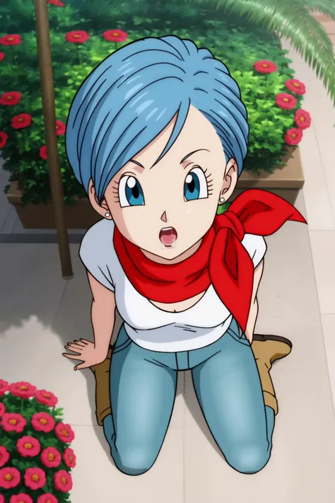 source_anime, score_9, score_8_up, score_7_up, anime screencap,8k, absurd res, 
bulma, 1girl, solo, blue eyes, blue hair, short hair, official style, 
white shirt, earrings, boots, pants, scarf, red neckerchief, brown footwear, denim, jeans,
flowers, palm tree, from above, kneeling, looking at viewer, open mouth, saliva, 
 <lora:bulma_super_pony_v1:0.8>