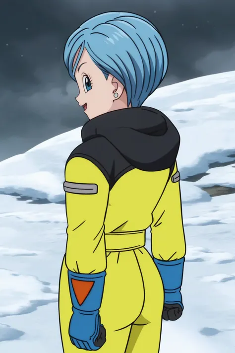 source_anime, score_9, score_8_up, score_7_up, anime screencap,8k, absurd res,
bulma, 1girl, solo, smile, short hair, open mouth, cloudy sky, snow, jewelry, blue hair, earrings, hood down, two tone bodysuit, yellow bodysuit, from behind, black eyes, profile, blue gloves, clenched hands, yellow spacesuit, looking back, blue eyes, looking at viewer,
<lora:bulma_pony_v2:0.8>