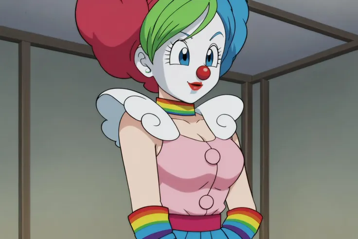 source_anime, score_9, score_8_up, score_7_up, anime screencap,8k, absurd res,
bulma, blue eyes, clown, clown nose, upper body, clownpiece, red_afro, facepaint, circus, indoors, 
<lora:bulma_super_pony_v1:0.8>