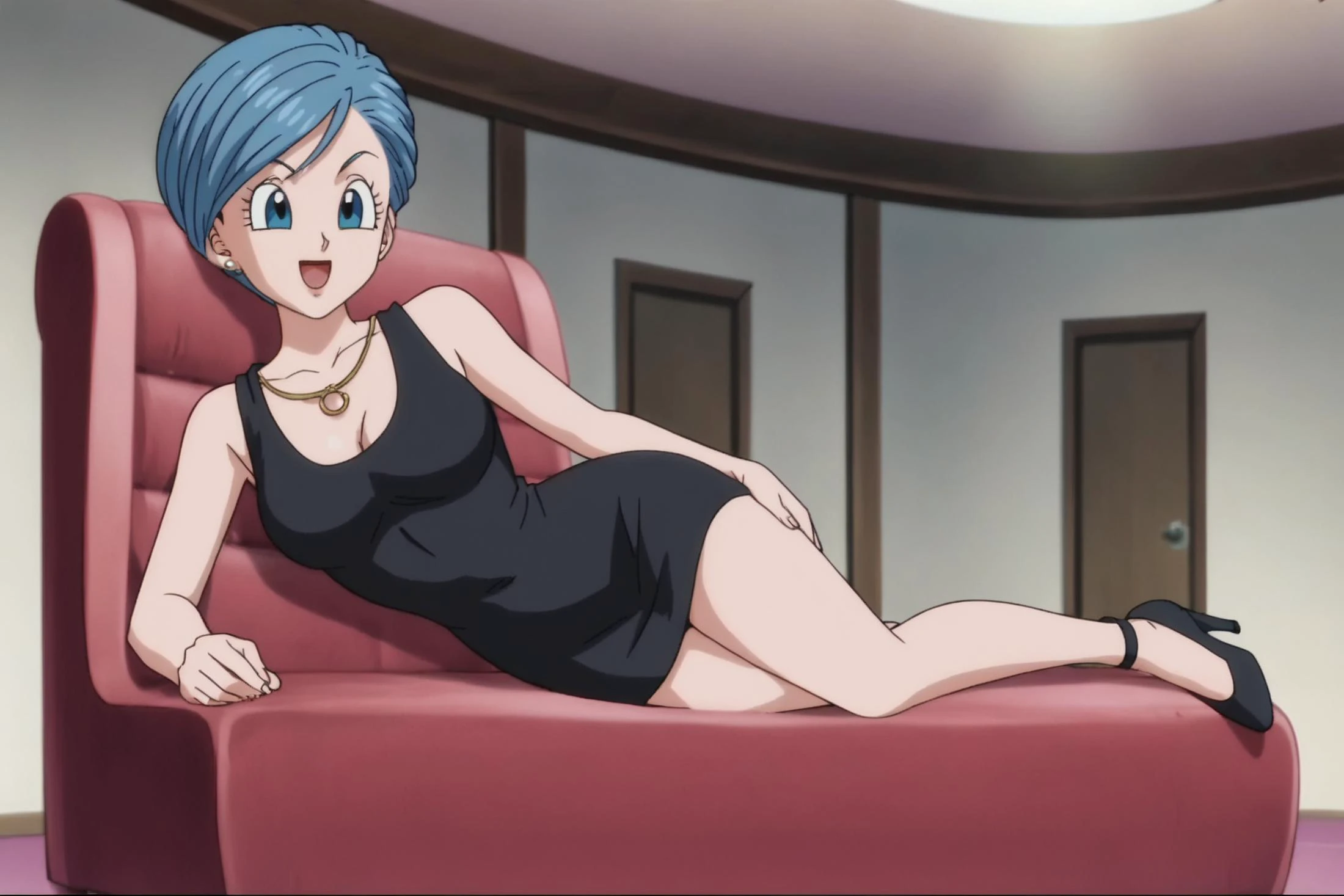 source_anime, score_9, score_8_up, score_7_up, anime screencap,8k, absurd res,
bulma, 1girl, solo, breasts, smile, short hair, open mouth, blue eyes, jewelry, blue hair,
lying on side, holding head, ballroom, indoors, long black dress, high heels,
<lora:bulma_super_pony_v1:0.8>