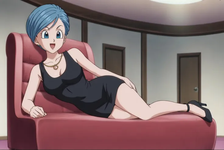 source_anime, score_9, score_8_up, score_7_up, anime screencap,8k, absurd res,
bulma, 1girl, solo, breasts, smile, short hair, open mouth, blue eyes, jewelry, blue hair, 
lying on side, holding head, ballroom, indoors, long black dress, high heels,  
<lora:bulma_super_pony_v1:0.8>