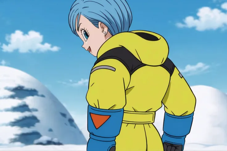 source_anime, score_9, score_8_up, score_7_up, anime screencap,8k, absurd res,
bulma, 1girl, solo, smile, short hair, open mouth, cloudy sky, snow, jewelry, blue hair, earrings, hood down, two tone bodysuit, yellow bodysuit, from behind, black eyes, profile, blue gloves, clenched hands, yellow spacesuit, looking back, blue eyes, looking at viewer,
<lora:bulma_super_pony_v1:0.8>