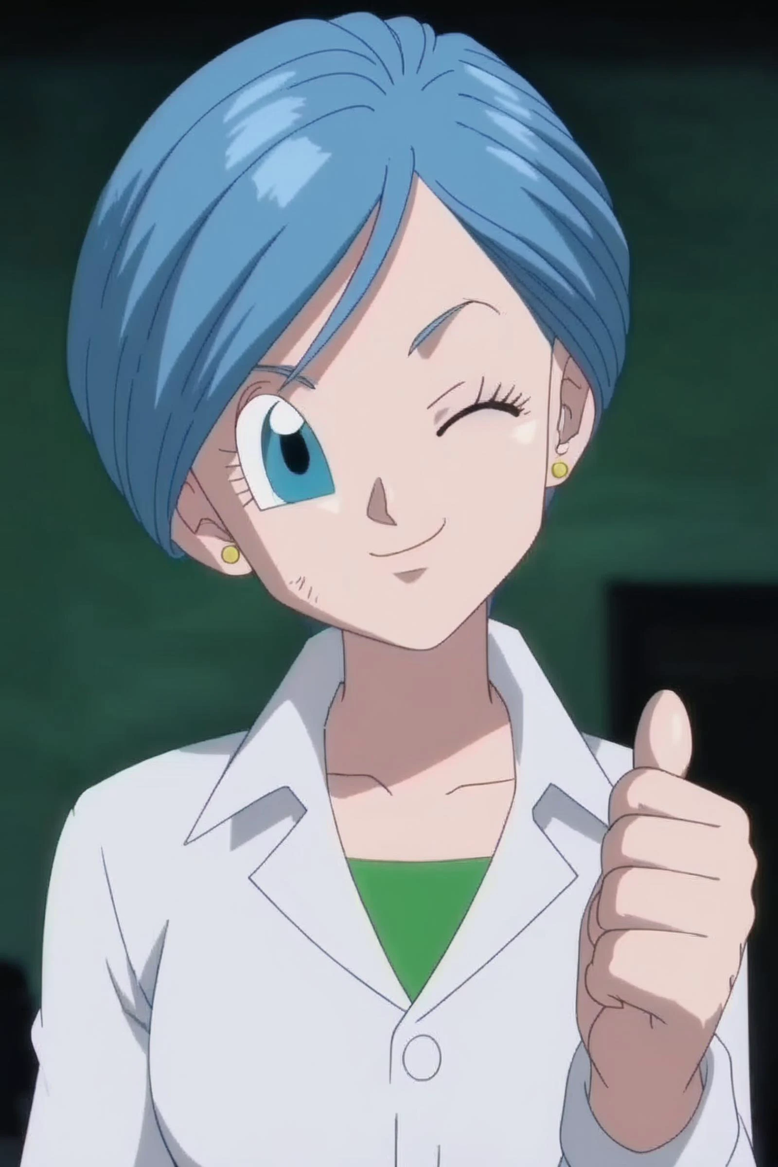 source_anime, score_9, score_8_up, score_7_up, anime screencap,8k, absurd res,
bulma, 1girl, solo, looking at viewer, smile, short hair, blue eyes, jewelry, closed mouth, blue hair, collarbone, green shirt, upper body, earrings, one eye closed, collared shirt, hand up, blurry, head tilt, eyelashes, stud earrings, thumbs up, labcoat,official style,
<lora:bulma_super_pony_v1:0.8>