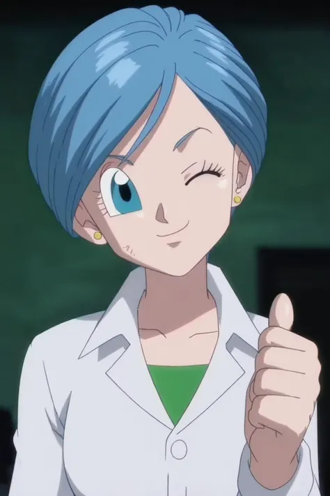 source_anime, score_9, score_8_up, score_7_up, anime screencap,8k, absurd res, 
bulma, 1girl, solo, looking at viewer, smile, short hair, blue eyes, jewelry, closed mouth, blue hair, collarbone, green shirt, upper body, earrings, one eye closed, collared shirt, hand up, blurry, head tilt, eyelashes, stud earrings, thumbs up, labcoat,official style, 
 <lora:bulma_super_pony_v1:0.8>