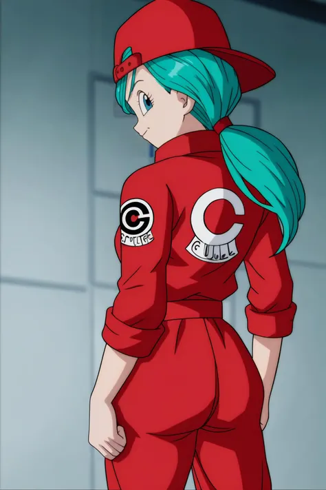 source_anime, score_9, score_8_up, score_7_up, anime screencap,8k, absurd res, 
bulma, 1girl, solo, long hair, hat, ponytail, red headwear, backwards hat, from behind, blurry, aqua hair, blurry background, clothes writing, looking back, (red jumpsuit), popped collar, mouth marking, blue eyes, 
 <lora:bulma_pony_v2:0.8>